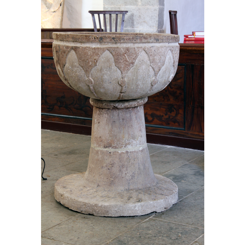the slender columns have roundel capitals and wrap down the sides and underbowl