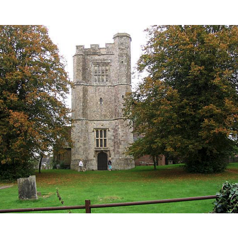 Source caption: "Micheldever Church Tower. The sixteenth century tower is all that remains of the original church. The central brick octagon which can be seen behind it was inserted in around 1800."