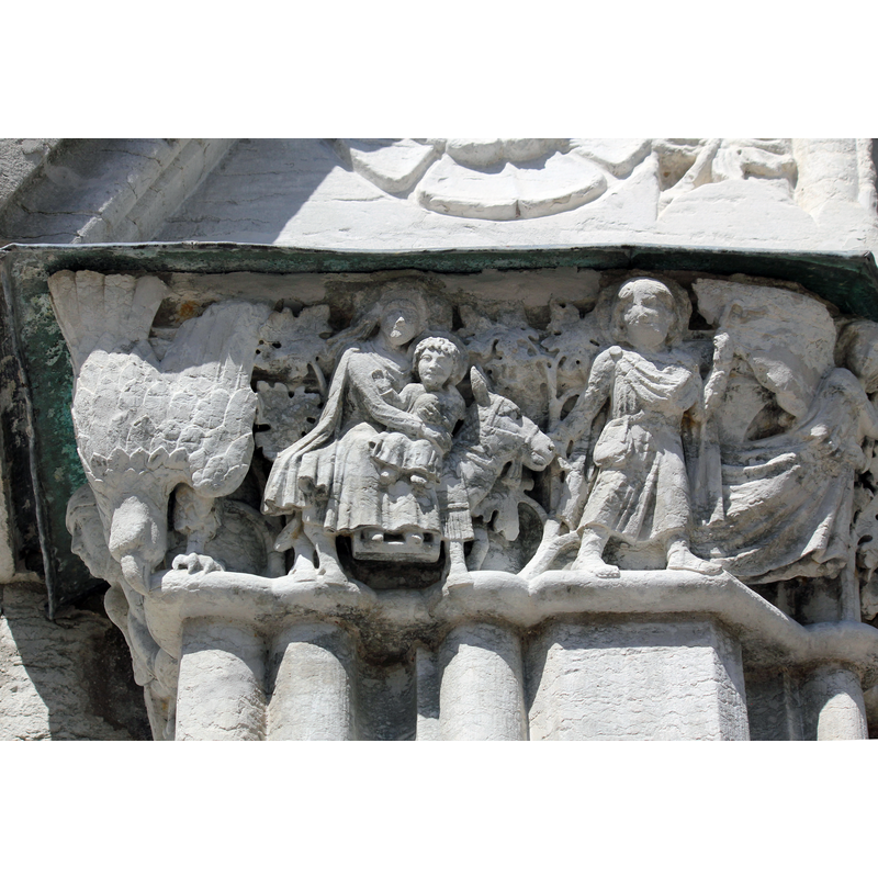 scenes of the Infantia Christi on the friezes of both east and west sides of the southwest portal: seen here the Flight to Egypt