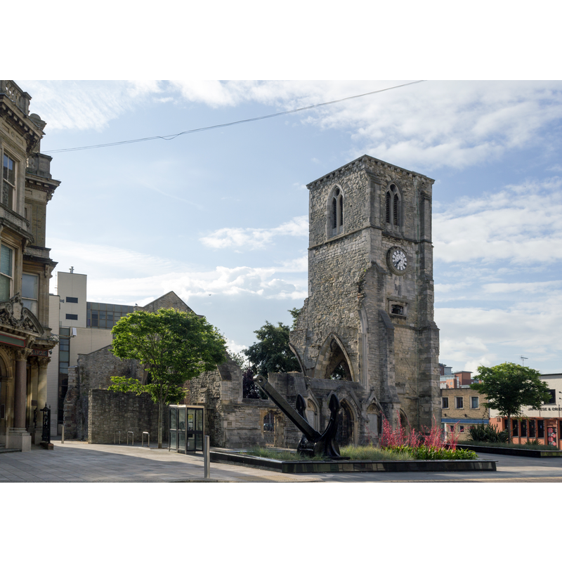the former church, damaged in a 1940 bombing, is now a Merchant Navy memorial