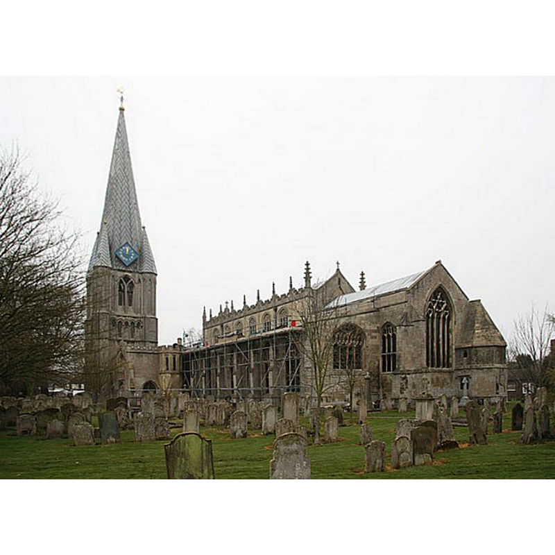 Source caption: "St.Mary's church. Marvellous Norman nave encased in a Perpendicular chancel and aisles, the detached early 13th century tower and lead spire are even better".