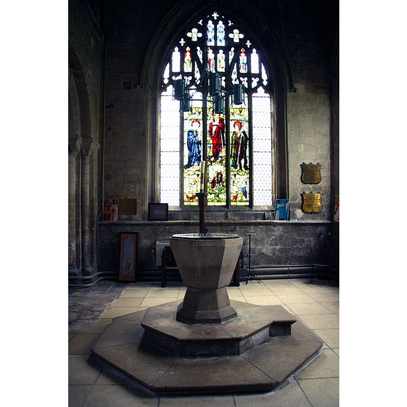 Source caption: "Unusual octagonal font of unknown date and Leigh-Bennett window in the baptistry of St.Mary's church".