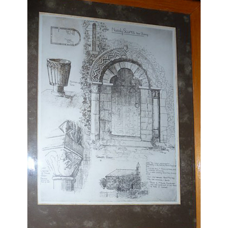 showing in it several details of the church, including the font