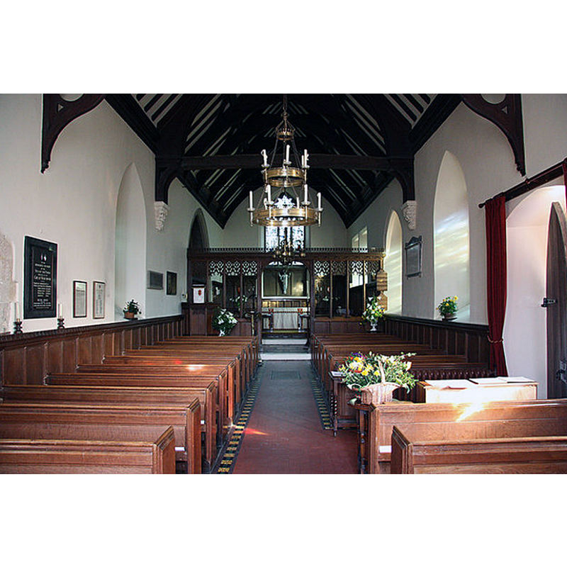 Source caption: "St.Leonard's church interior. Nave and chancel in one, by W.S.Hicks in 1889".