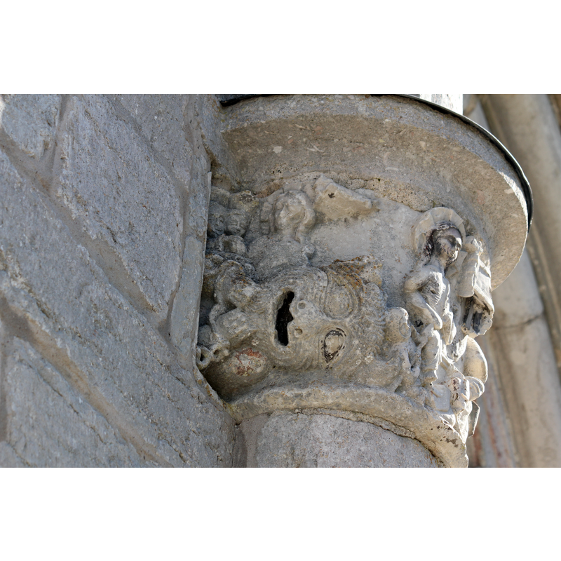 view of the west side of the westermost capital of the south portal, the main entrance into the church: the Harrowing of Hell