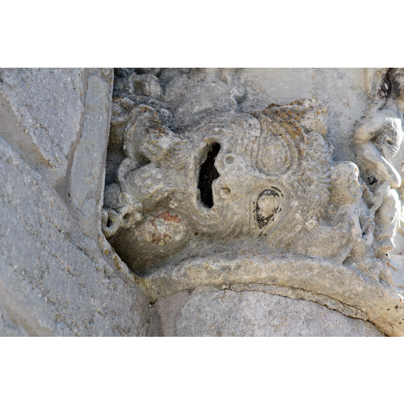 view of the west side of the westermost capital of the south portal, the main entrance into the church: the Harrowing of Hell