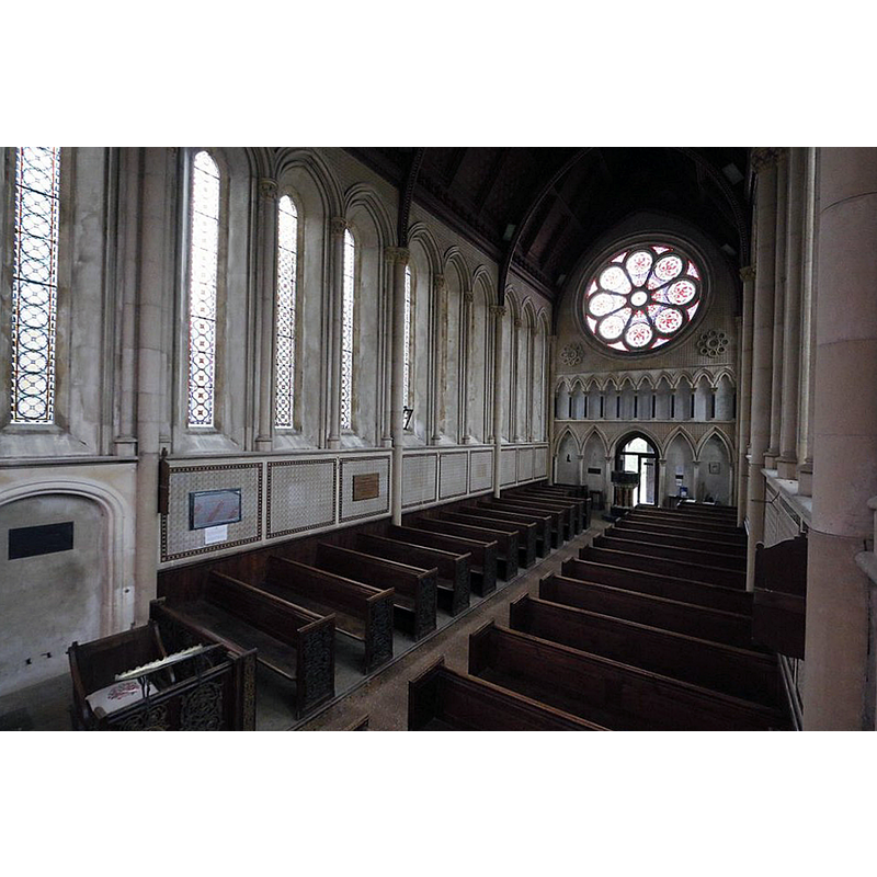 the church of 1866, the third on this site -- the modern font visible at the far end, by the west entranceway, is also modern