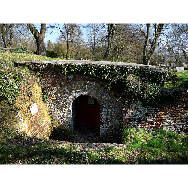 Source caption: "Entrance to the crypt of the former St Nicholas' parish church, Chilton Candover, Hampshire".