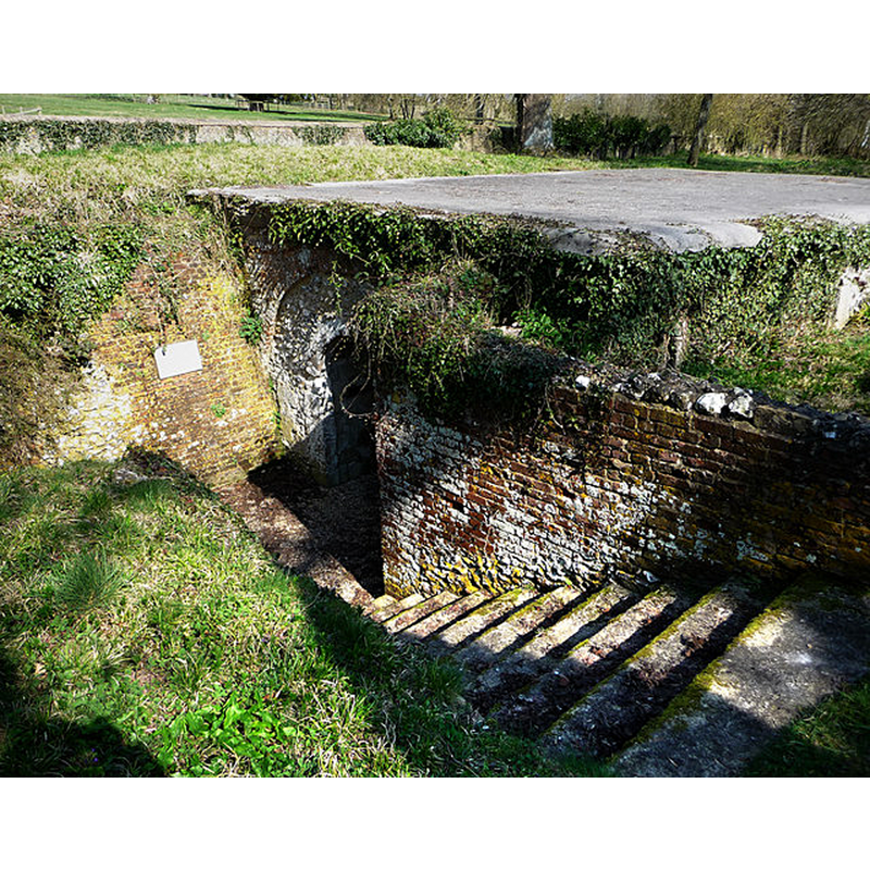 Source caption: "Steps to the crypt of the former St Nicholas' parish church, Chilton Candover, Hampshire".