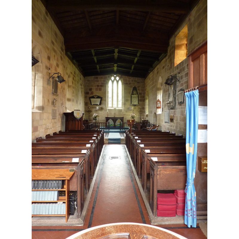 Source caption: "Church of All Saints, Bradley. A small notice outside describes it as being built in the late 14th century. The 3rd church on this site, and one of the oldest.It has a single aisle and no separate chancel, just big enough for the entire population of the village, standing up."