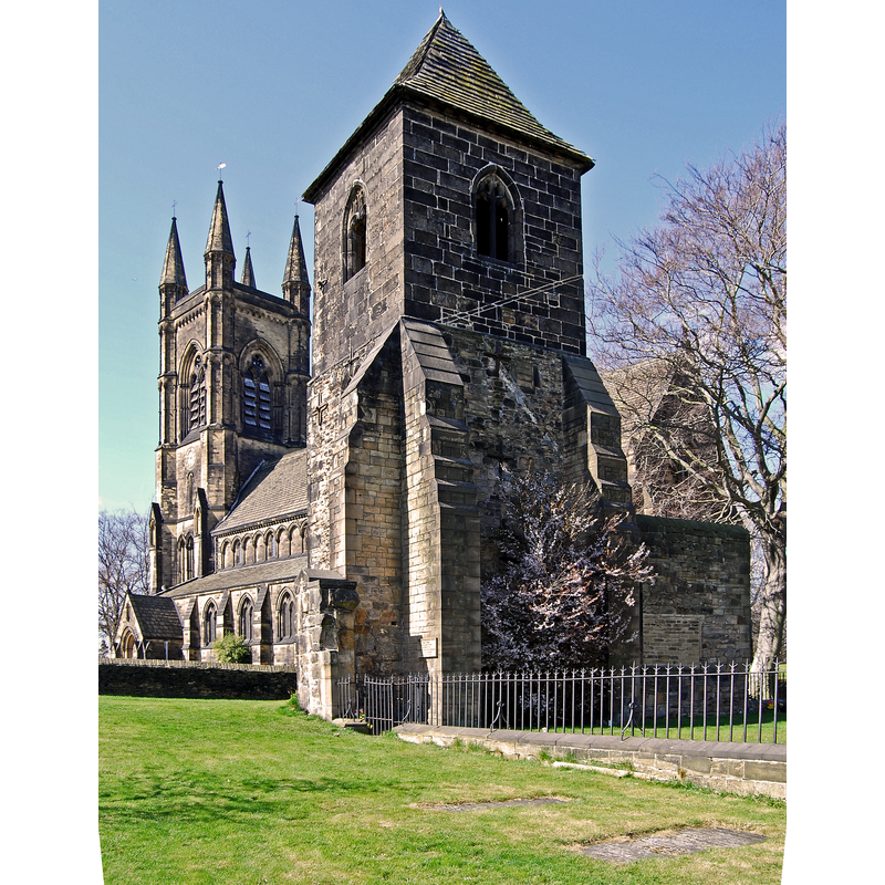 This photographed, source captioned "Old and new church, Mirfield"