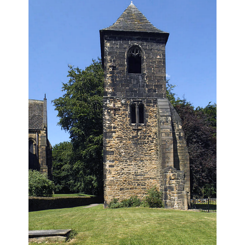 Source caption: "St Mary the Virgin, Mirfield - the old church tower. The lower part of the square tower was part of the medieval church. The upper part was added in the C15 or C16. The tower, and a few ruined walls, are all that remains of the church since its replacement was built on an adjacent site in 1871".