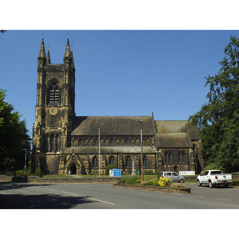 Source caption: "St Mary the Virgin, Mirfield - south side from Church Lane. The parish church of St Mary the Virgin, Mirfield is grade 2* listed (list entry 1134677). Unlike many parish churches that were 'restored' by Victorian architects, here Sir George Gilbert Scott built a complete new church in 1871 just a few yards from the medieval church that it replaced, of which only the tower now remains [...] If the money could be found to clean the stonework, it would look magnificent."
