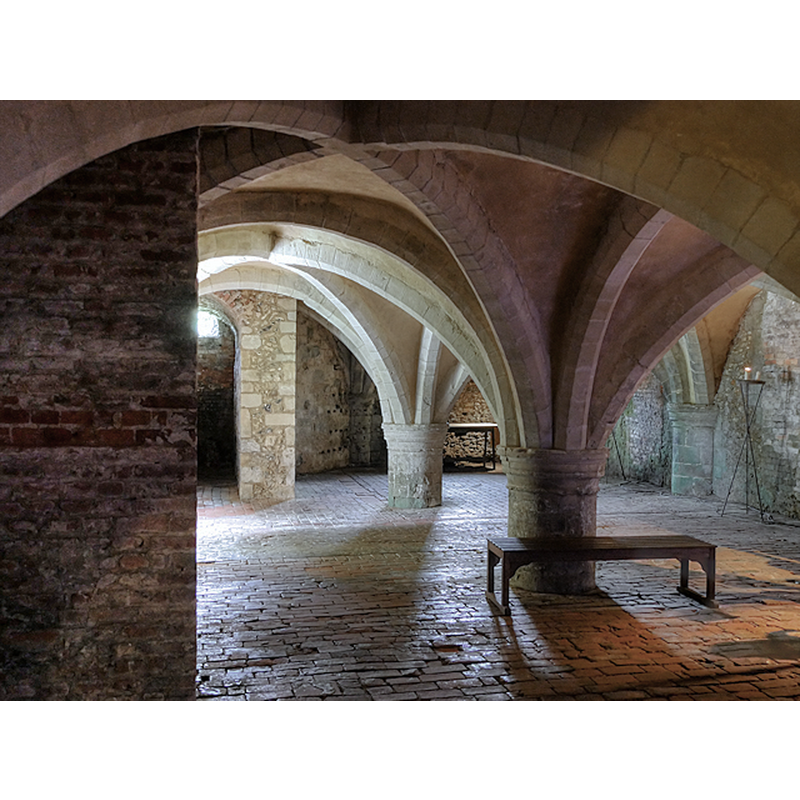 Source caption: "The thirteenth century cellarium, or undercroft, of the original Augustinian priory remains beneath the country house which was built in the sixteenth century."