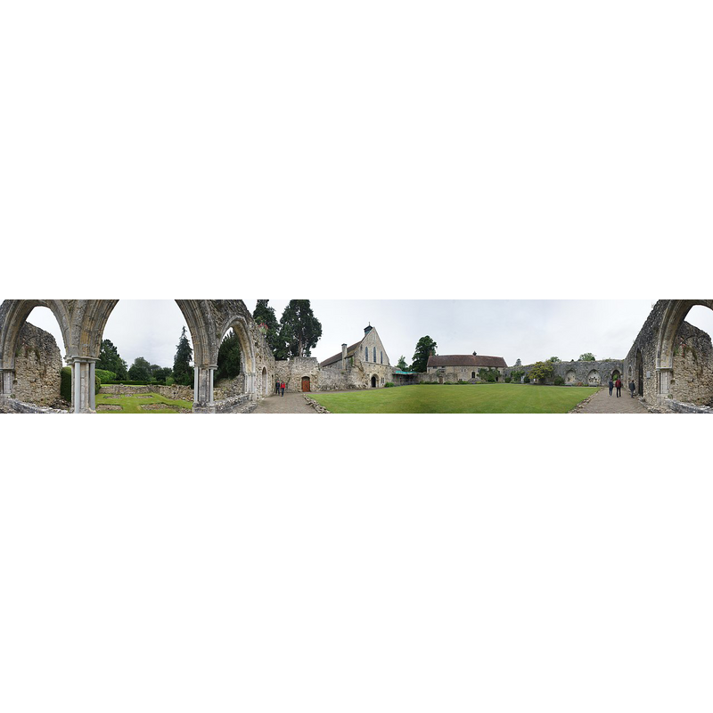 Panoramic view of the remains of Beaulieu Abbey; the building in the centre-left of the image was the former refectory and is now the Parish Church of Beaulieu