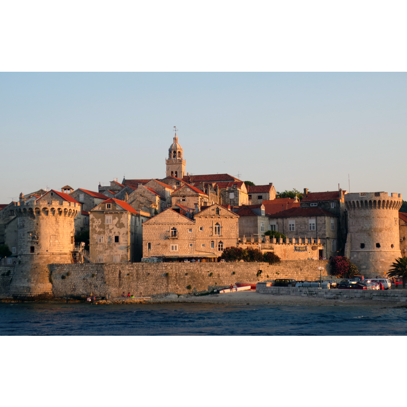 the tower of the Katedrala sv. Marka visible here within the walls that surrounder the historic centre of Korčula