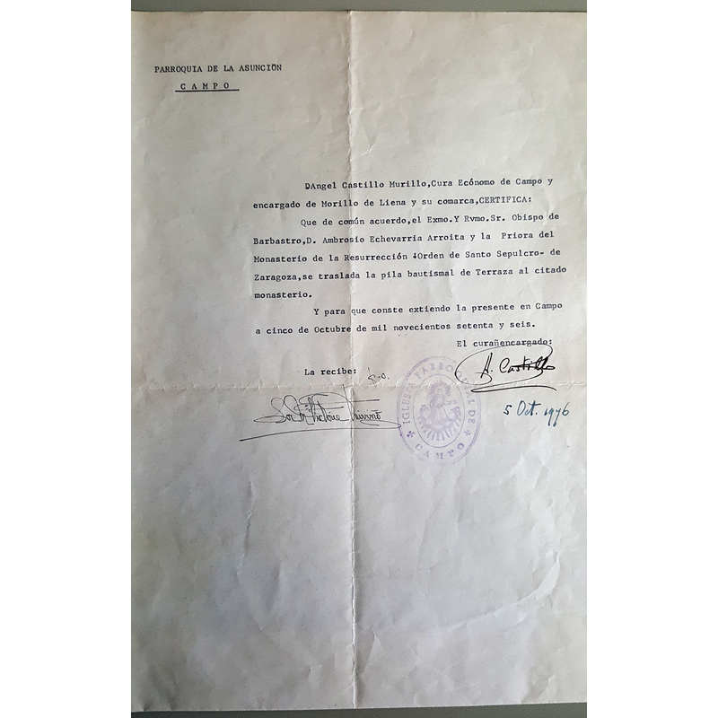 letter authorising the transfer of the font to Zaragoza [cf. FontNotes]