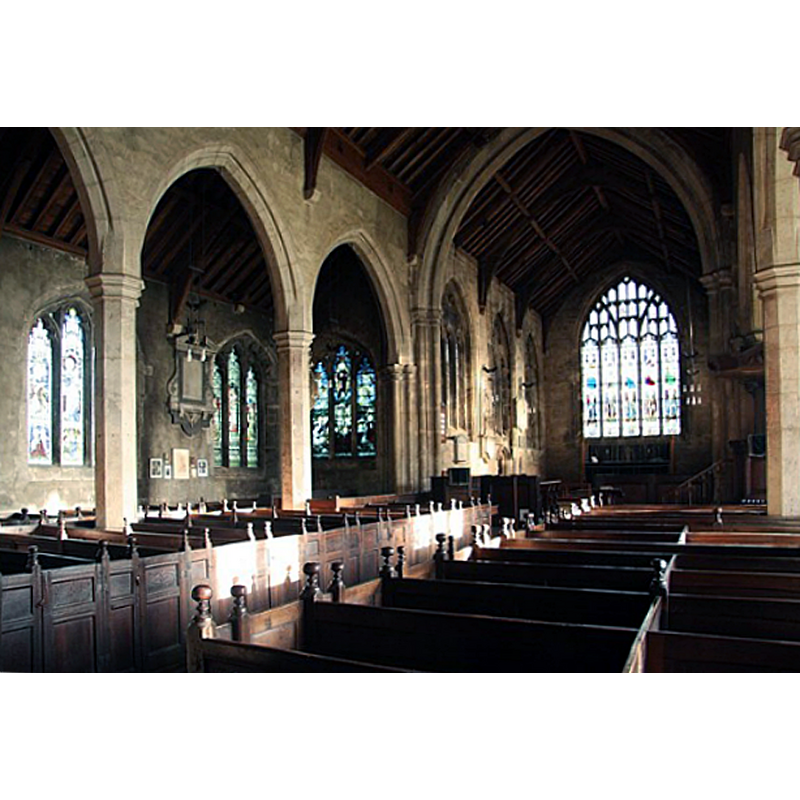 Source caption: "All Saints' nave. Early Perpendicular nave c1420 with Jacobean box pews".