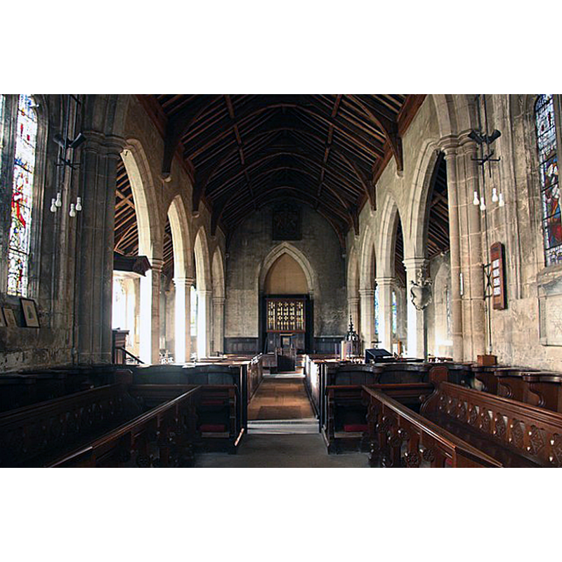 Source caption: "All Saints' nave. Looking west from the chancel with early Perpendicular arcades c1420".