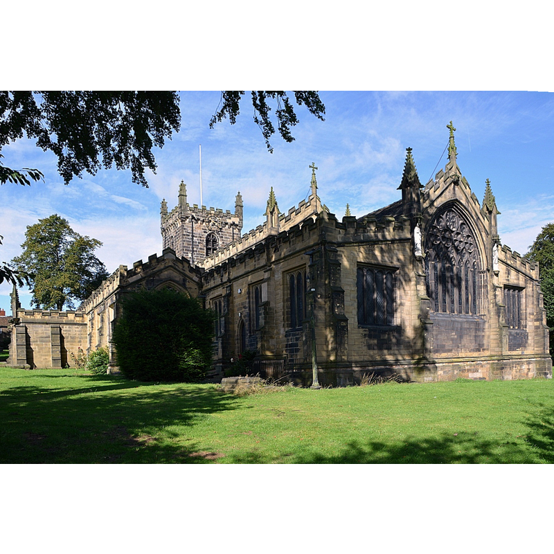 Source caption: "Saint Peter's Church, Kirkgate, Birstall. Saint Peter's Church, Kirkgate, Birstall. The present building is the fourth stone church to occupy the site. The first stone church was built around 1100 AD and the lower part of the tower is all that remains of that building today. It was extended between 1320 and 1390. From that period the church has a Norman font, holy water stoops, part of a grave slab and the tombstones of three Knights Hospitallers. In 1490 the church was rebuilt again. There were various changes and additions until the present church was built between 1865 and 1870."