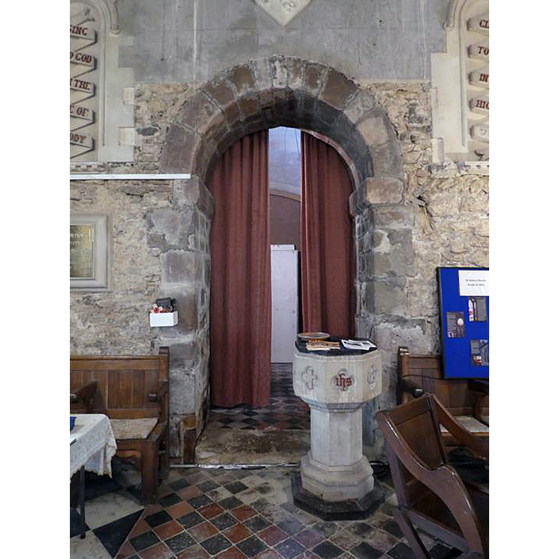 the 19thC font by the tower arch that is described in the CRSBI (2018) entry as "good Romanesque material" [www.crsbi.ac.uk/site/765/] [accessed 14 October 2018]