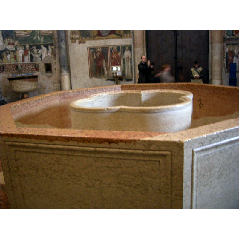 showing the quatrefoiled insert in the large tank -- notice the other baptismal font in the background, left side