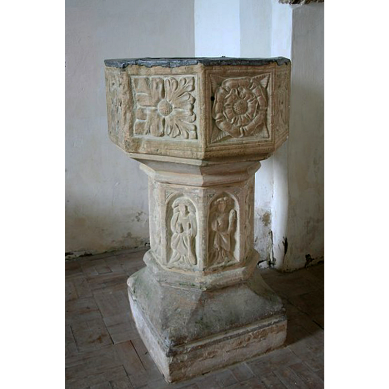 in the panel to the right of the square flower -- the font originally from Low Toynton,now in the interior of Clixby All Hallows