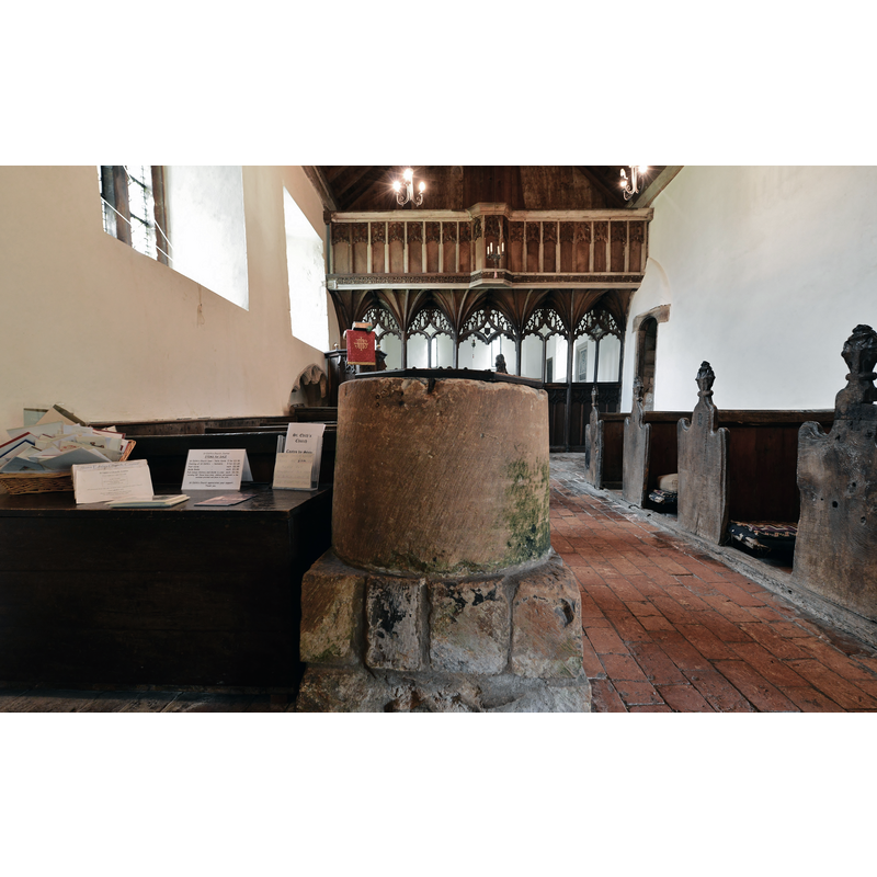 Source caption: "Coates by Stow, St. Edith's Church: Norman tub font raised on a later stone platform"