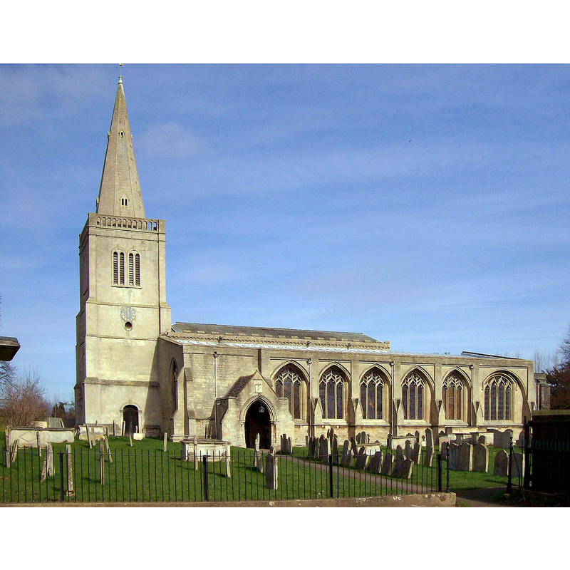 Source caption: "The parish church at Deeping St James, near Bourne, Lincolnshire. The Priory Church, founded as part of a Benedictine Priory and consecrated in 1139, is of unexpected size with an early 18th century tower and a spire that can be seen ten miles away. The porch is Early English and is adorned with a hood mould and dog-tooth decoration indicating a date between 1200 and 1300."