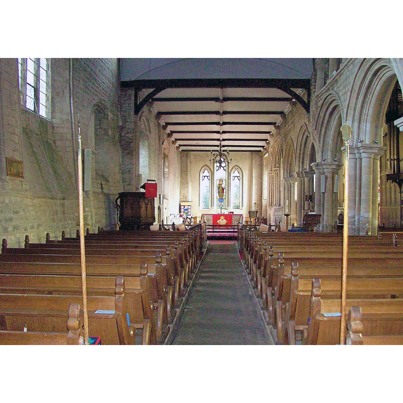 Source caption: "Inside the parish church at Deeping St James, near Bourne, Lincolnshire. The church has a long transitional south arcade, seven bays long, of such grandeur that it has been described by the historian Nikolaus Pevsner in his Buildings of England: Lincolnshire as "astounding"."