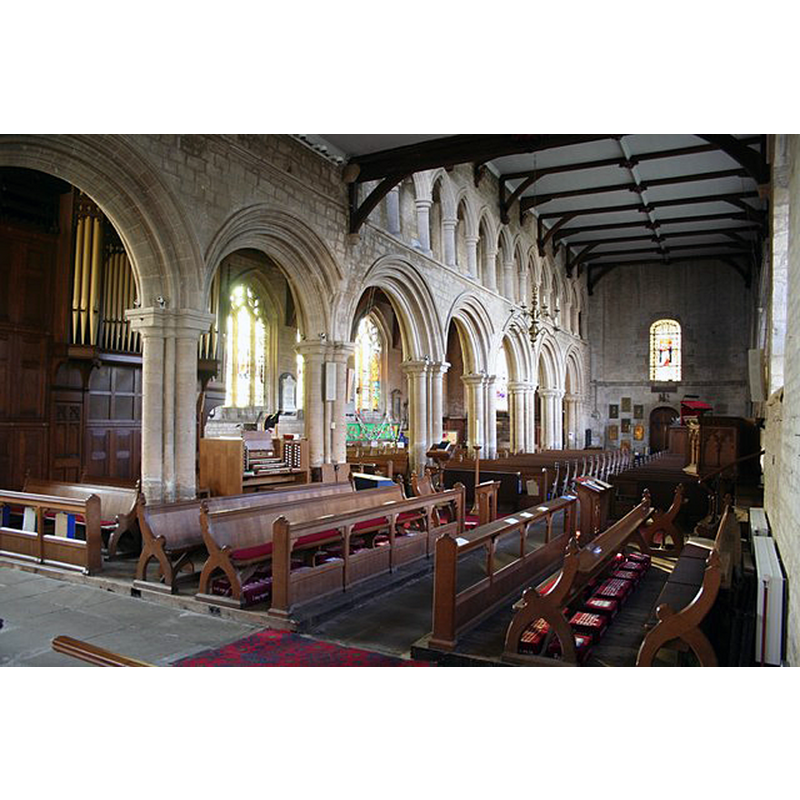 Source caption: "Glorious 7-bay late 12th century Norman arcade and 13-bay 13th century Early English triforium in the Priory church of Deeping St.James nave".