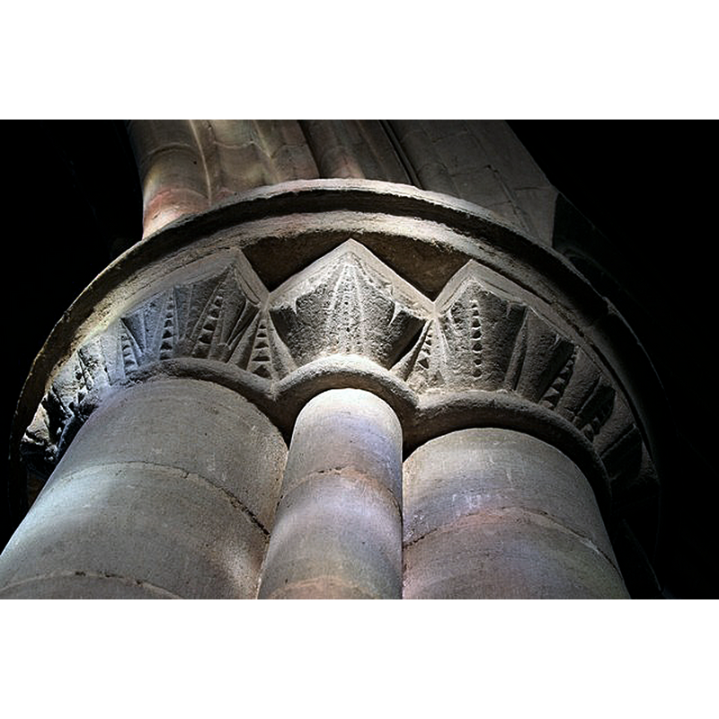 Source caption: "Late 12th century scallop capital with a round abacus in the south arcade of the Priory church of Deeping St.James".