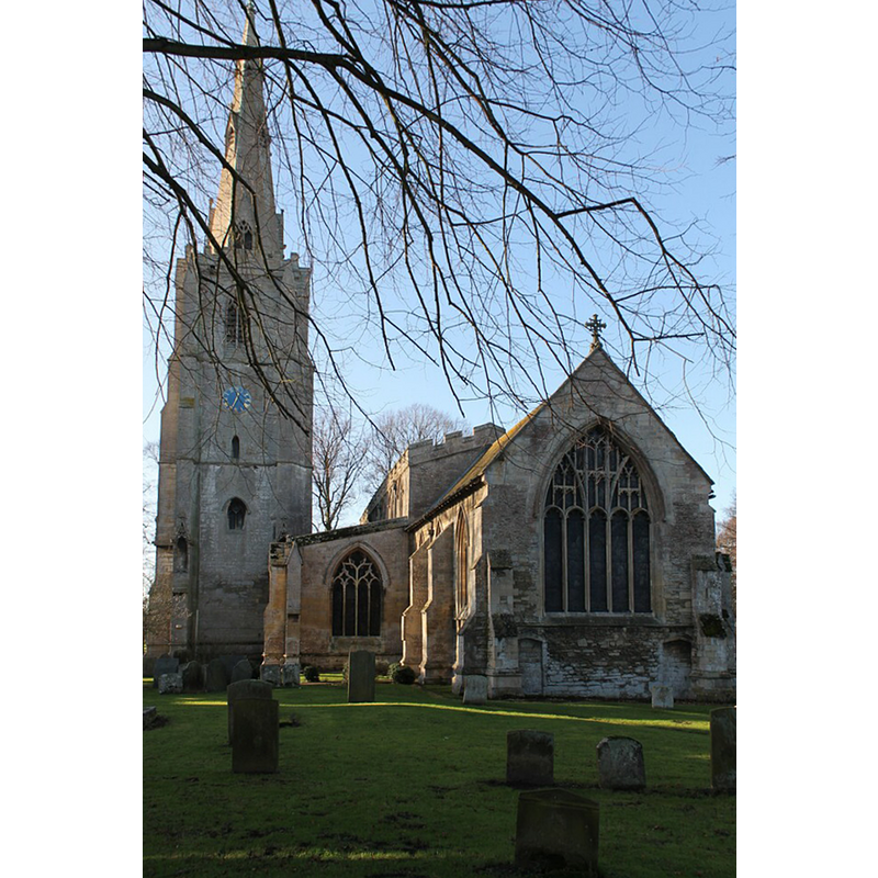 Source caption: "St Mary & The Holy Rood church, Donington. The church is mainly late Decorated and Perpendicular (1300-1400) in style, but traces of Norman (1100) and Early English (1200) masonry can be found in its walls."