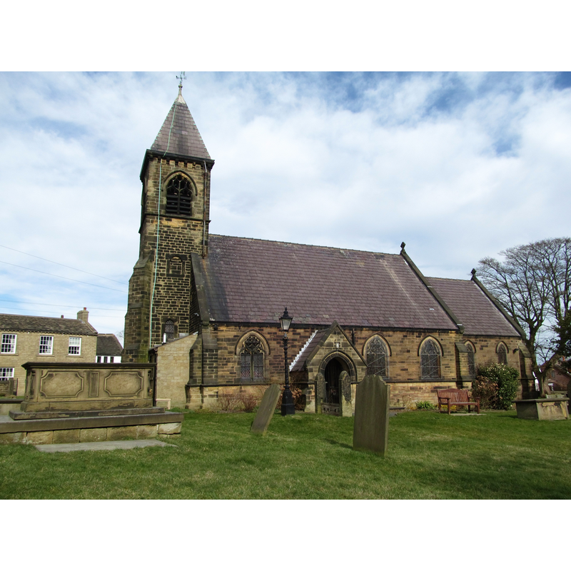 Source caption: "Church of St Nicholas at Upper Cumberworth. Grade 2 listed and mostly of 1876, but not a very exciting building. To the right of the lamp post and part obscuring the doorway are the village stocks."