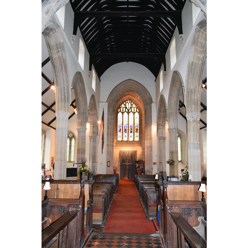 Source caption: "Castle Combe Church (St. Andrew), Wiltshire, 6 November 2016. 13th Century Early English chancel, 14th Century Decorated nave, south and north aisles and chapels, 15th Century Perpendicular tower (1434) and Victorian south porch. Restored 1850-51 when nave and chancel entirely rebuilt (to original plan) and tower repaired. Pictured is the nave looking towards the west window."