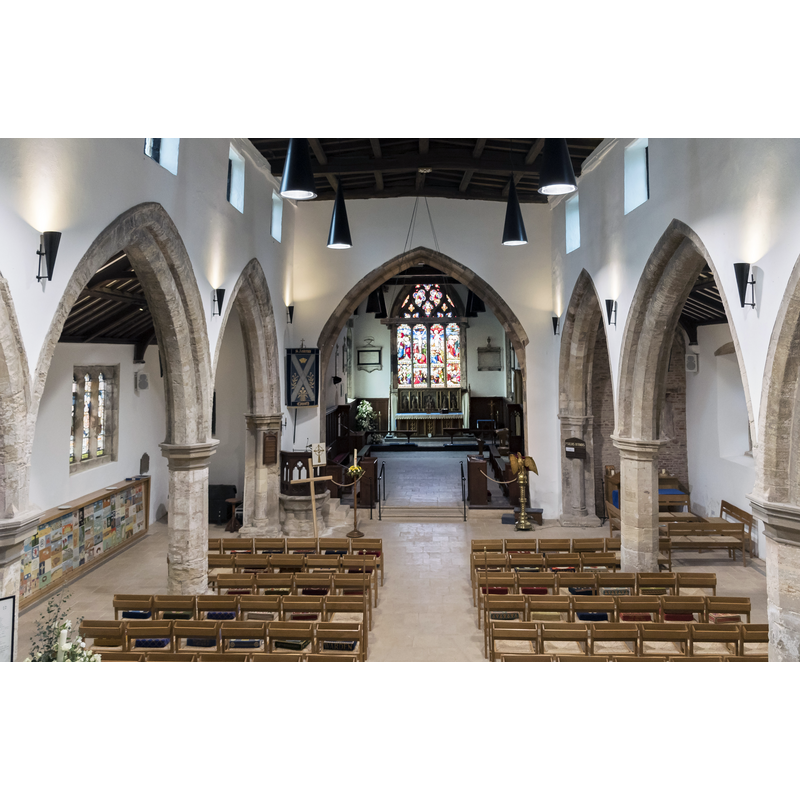 Source caption: "The nave aisles embrace the tower with three and a half bay arcades which have octagonal piers. The chancel was rebuilt in 1675, having been partly destroyed during the Civil War. The side chapels were removed around the same time. [...] The nave was re-roofed in 1782 and the names of the Church Wardens and Carpenter are visible on the beams. In 1868 major restorations were carried out under James Fowler, when the organ chamber was built, an existing gallery removed and the aisles were re-roofed."