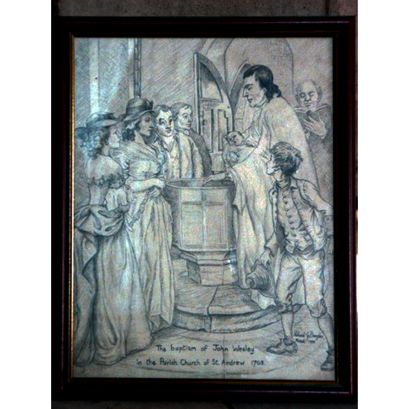 Source caption: "Interior of St Andrew, Epworth. This picture of the baptism of John Wesley, stands by the font itself." -- the font in the picture is a fair rendition of the actual font