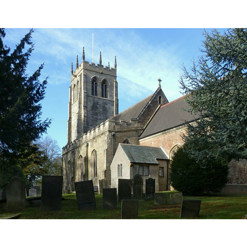 Source caption: "Church of St Mary, Greasley. A fine 15th century tower is all that remains of the medieval church. Damage from subsidence from coal mining meant that the rest of the church was completely rebuilt towards the end of the 19th century. The vestry was added in 1963."
