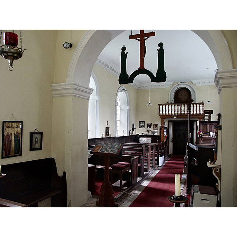 view from the chancel in the mid-18thC re-building of the original medieval church at Gautby -- the font, originally from Laughton-by-Gainsborough, is partially visible at the far end, left side