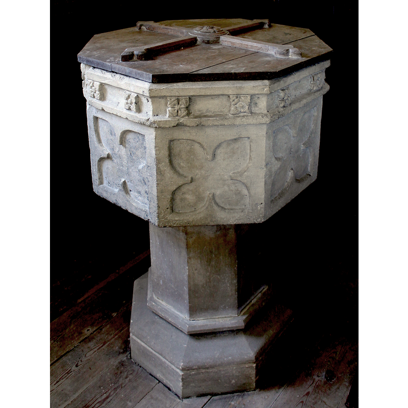 the caption of this photograph reads: "Font, All Saints' church, Gautby. One of the few remains of the 15th C. church that was previously on the site", but it is usually accepted that the font was originally from Laughton-by-Gainsborough