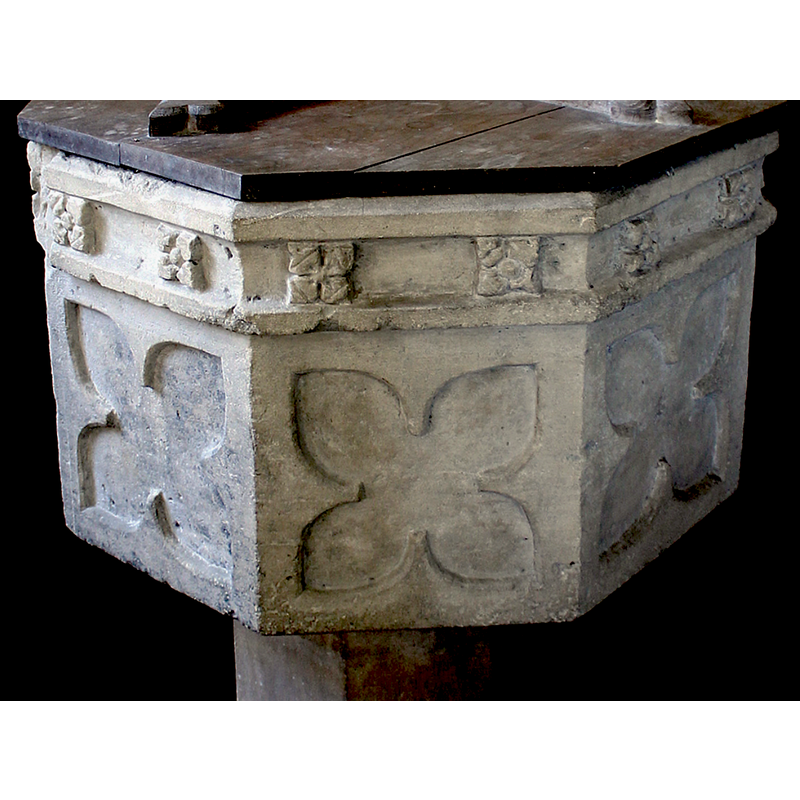 two florettes on each side of the octagonal basin of the font originally from Laughton-by-Gainsborough
