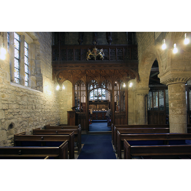Source caption: "St.James' nave. View east inside St.James' church with 12th century S arcade and splendid rood screen by Sir Ninian Comper 1905-07."