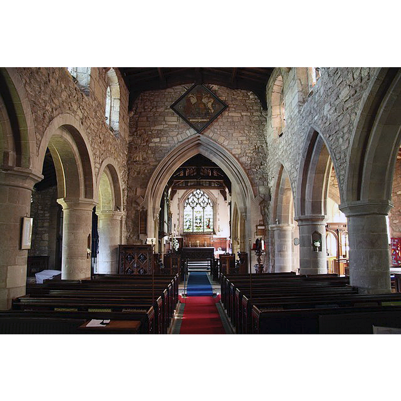 Source caption: "All Hallows nave. Looking east towards the 19th century chancel arch with arcades of c1200, the north one still Romanesque, the Gothic south one slightly later".