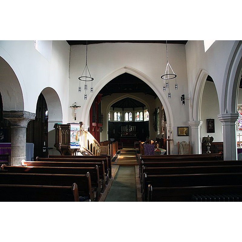 Source caption: "St.John the Baptist's nave. Plain late 12th century north arcade and 15th century south arcade in St.John the Baptist's church"
