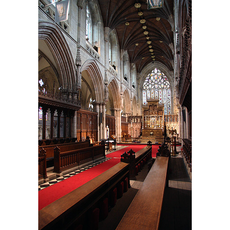 Source caption: "Selby Abbey choir. Fourteenth century choir rebuilt and restored by John Oldrid Scott after the 1906 fire".