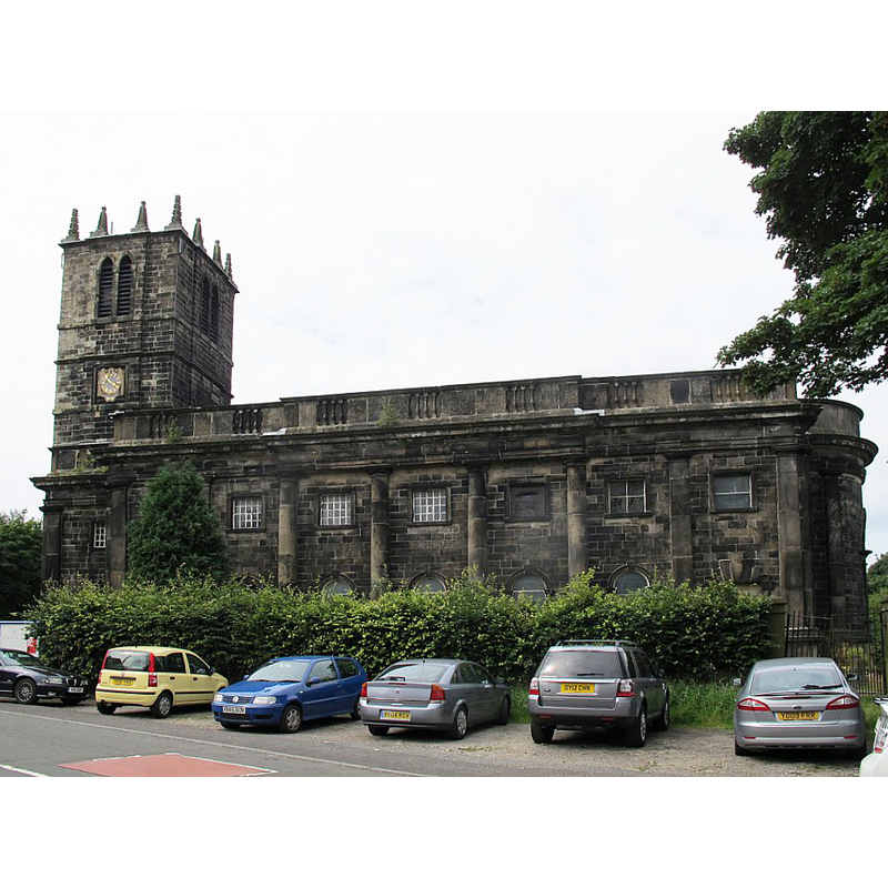 Source caption: "St Peter's, Sowerby: south side. Distinguishing features of this mid-18th century church building are the columns between window bays (on this south side only!), mock balustrade at the top of the wall, and pinnacles on the tower."