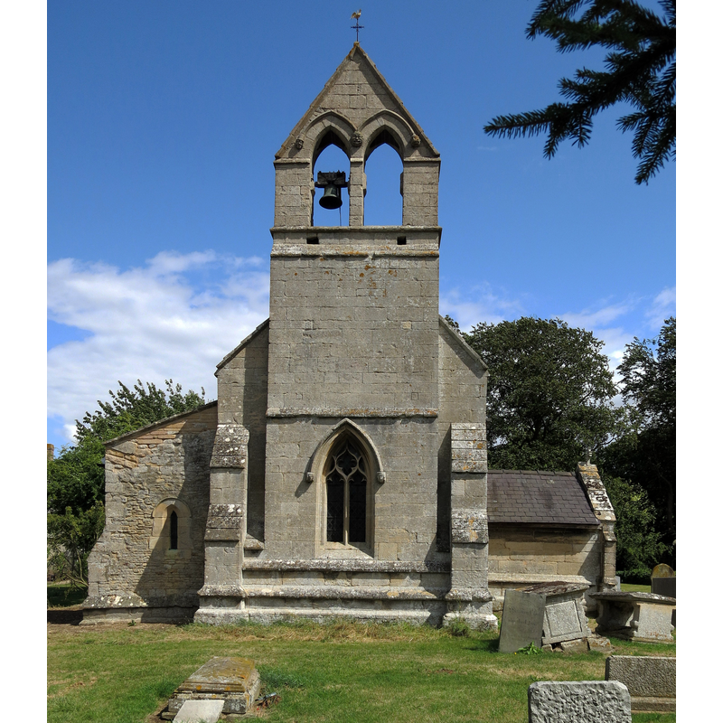 Source caption: "The west end and Early English bellcote of the Church of St Oswald, Howell, Lincolnshire, England".