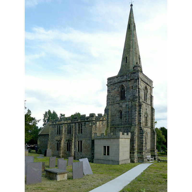 Source caption: "Church of St Mary, Denby. View from the north west, 14th century Decorated tower, early 21st century extension adjoining the tower."