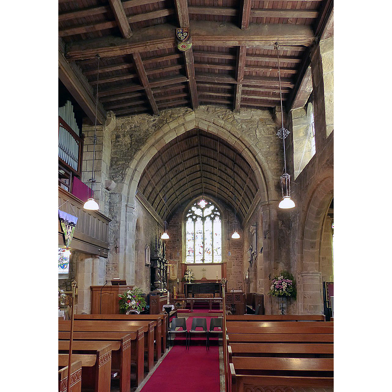 Source caption: "Church of St Mary, Denby. The nave looking east. 14th century chancel arch."
