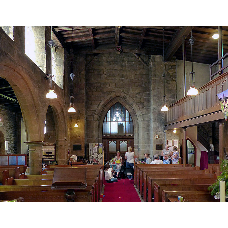 Source caption: "Church of St Mary, Denby. The nave looking west. South aisle arcade mid 12th century, tower arch 14th century, roof 15th century, north aisle gallery 1838 and pews of 1954."
